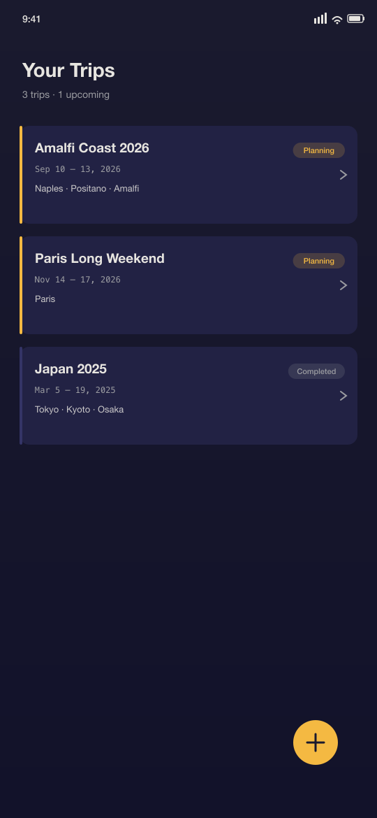 List of trips with planning and completed status pills.
